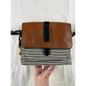 Fossil Crossbody Bag‎ Brown Leather Stripe Canvas Adjustable Strap Key Charm